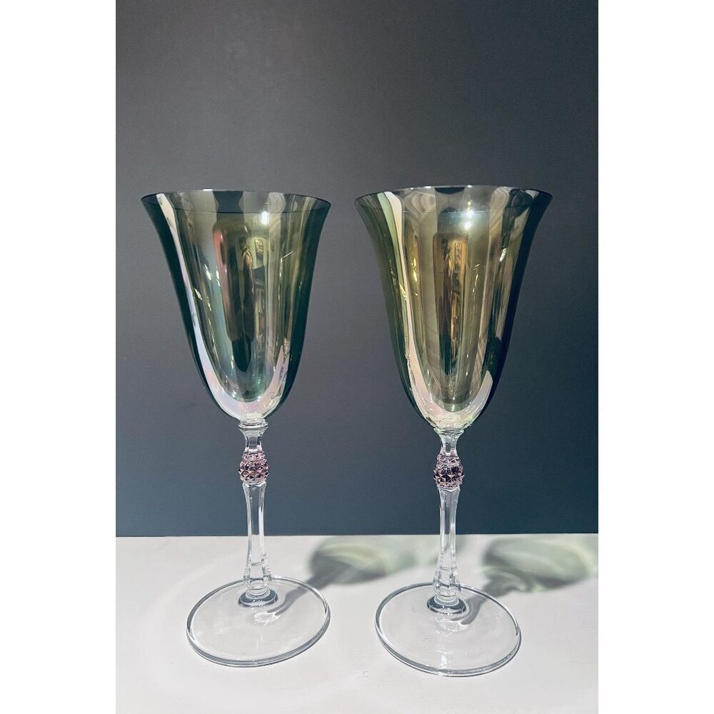 Vintage Iridescent Wine Goblets–Set of 2 | Blue Purple Gold Fluted Glasses Glam
